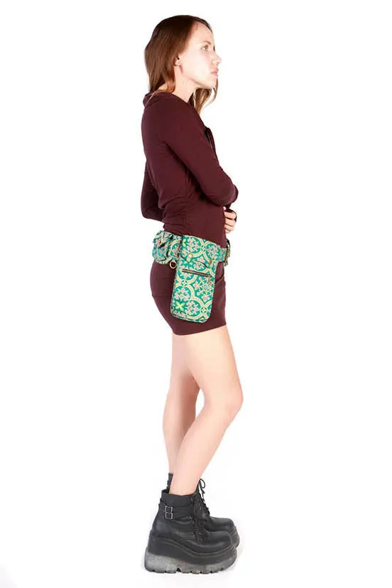 Asymmetrical pocket belt brocade turquoise