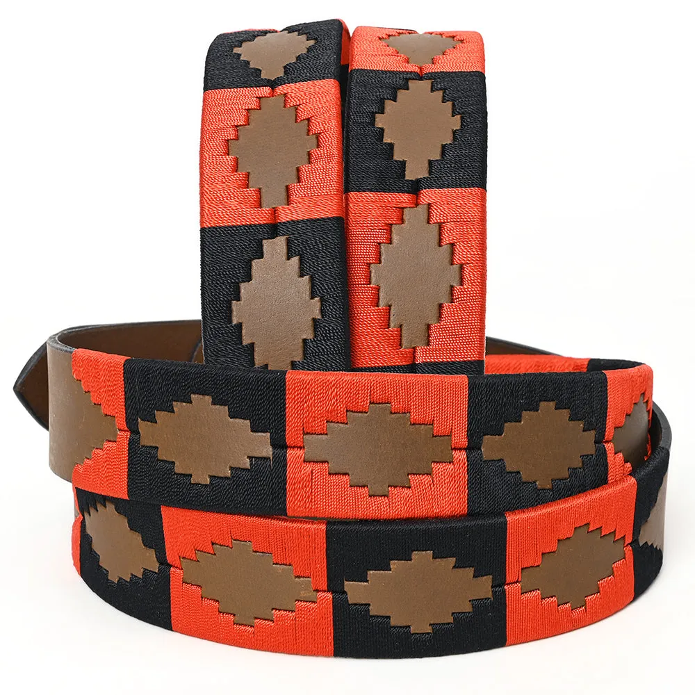 BAR H EQUINE Western Genuine Leather Men And Women Brown Belt Embroidered Orange & Black