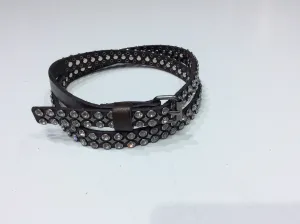 Belts-Narrow Width Brown Leather Belt with 2 Rows of Clear Crystals