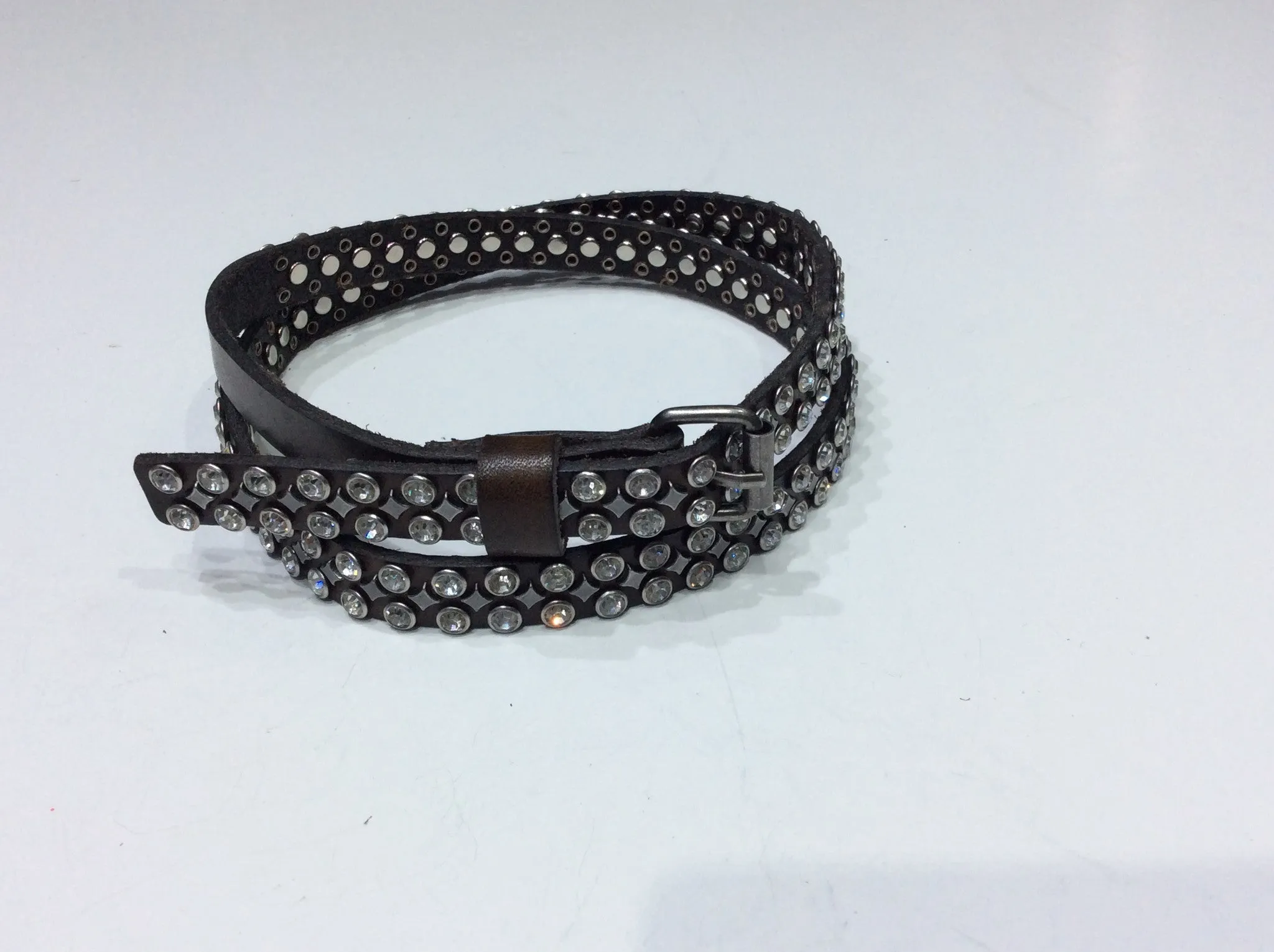 Belts-Narrow Width Brown Leather Belt with 2 Rows of Clear Crystals