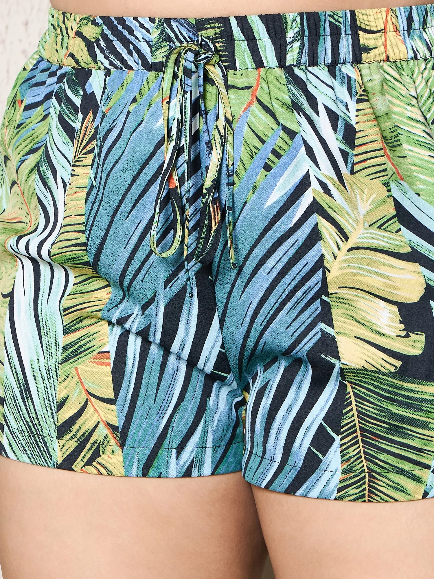 Berrylush Curve Women Black & Green Floral Printed High-Rise Elastic Waist Tie-Up Side-Slit Mini Summer Hot Pants