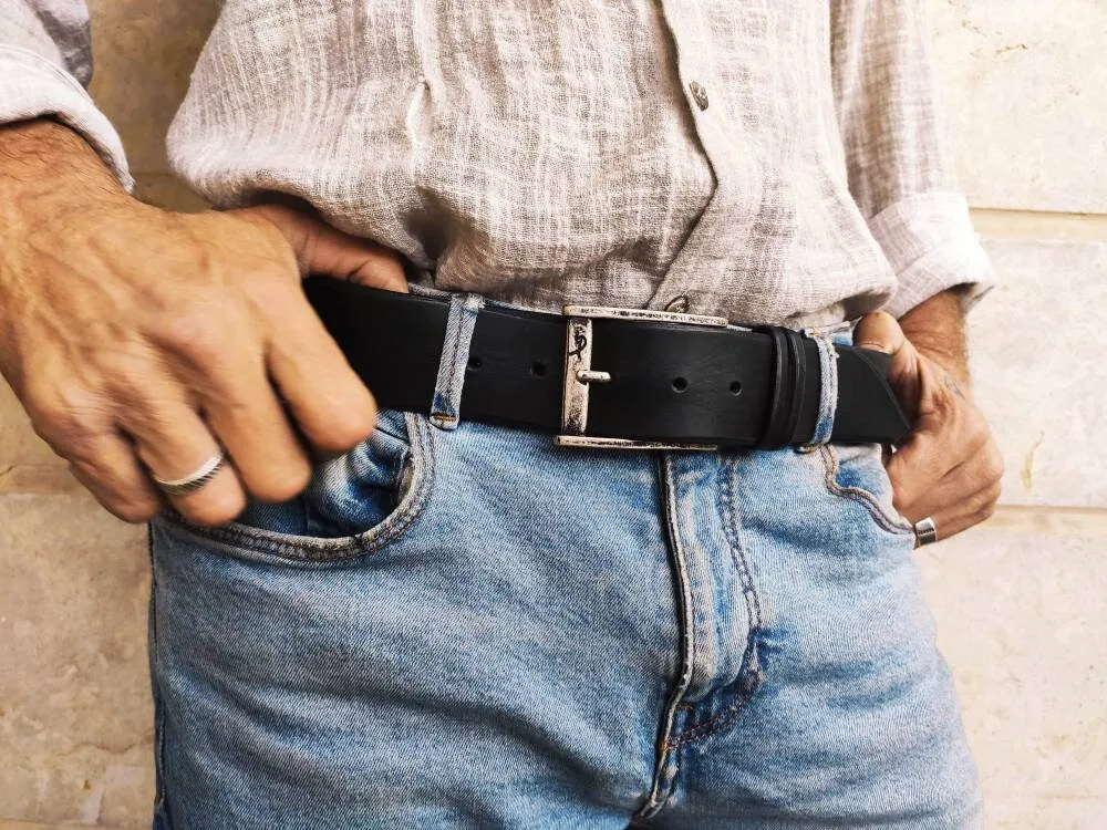 Black Leather Mens Belt with Silver Buckle and Personalization Option - Genuine Leather - Perfect Christmas Gift - by Ishaor