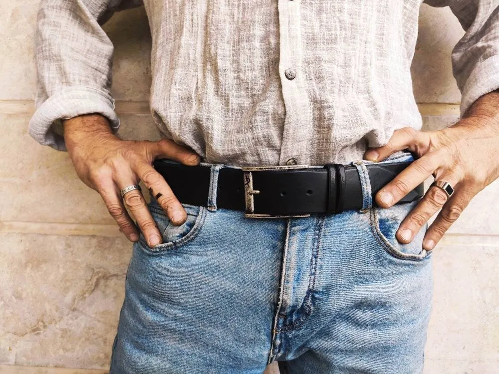 Black Leather Mens Belt with Silver Buckle and Personalization Option - Genuine Leather - Perfect Christmas Gift - by Ishaor