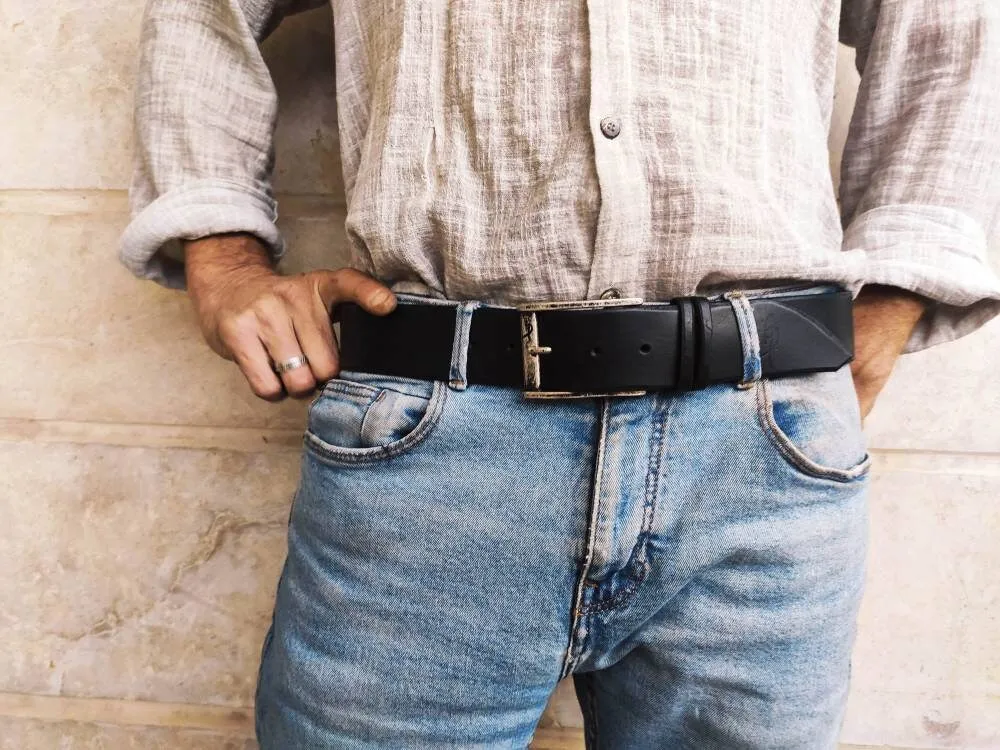Black Leather Mens Belt with Silver Buckle and Personalization Option - Genuine Leather - Perfect Christmas Gift - by Ishaor