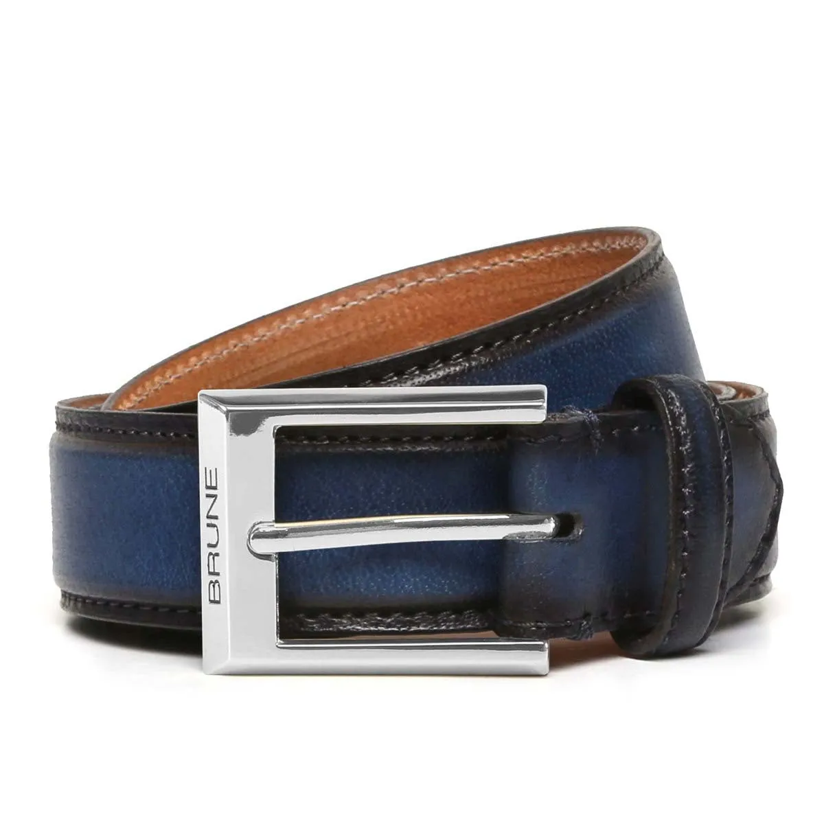 Blue With Silver Square Buckle Hand Painted Leather Formal Belt For Men