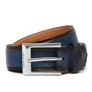 Blue With Silver Square Buckle Hand Painted Leather Formal Belt For Men