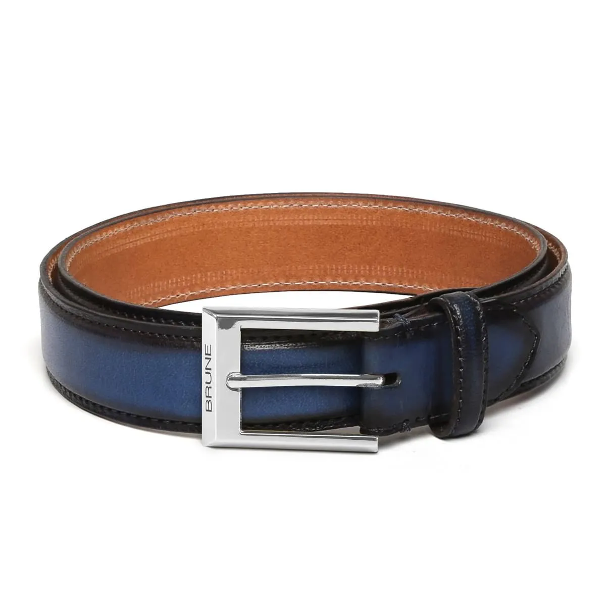 Blue With Silver Square Buckle Hand Painted Leather Formal Belt For Men