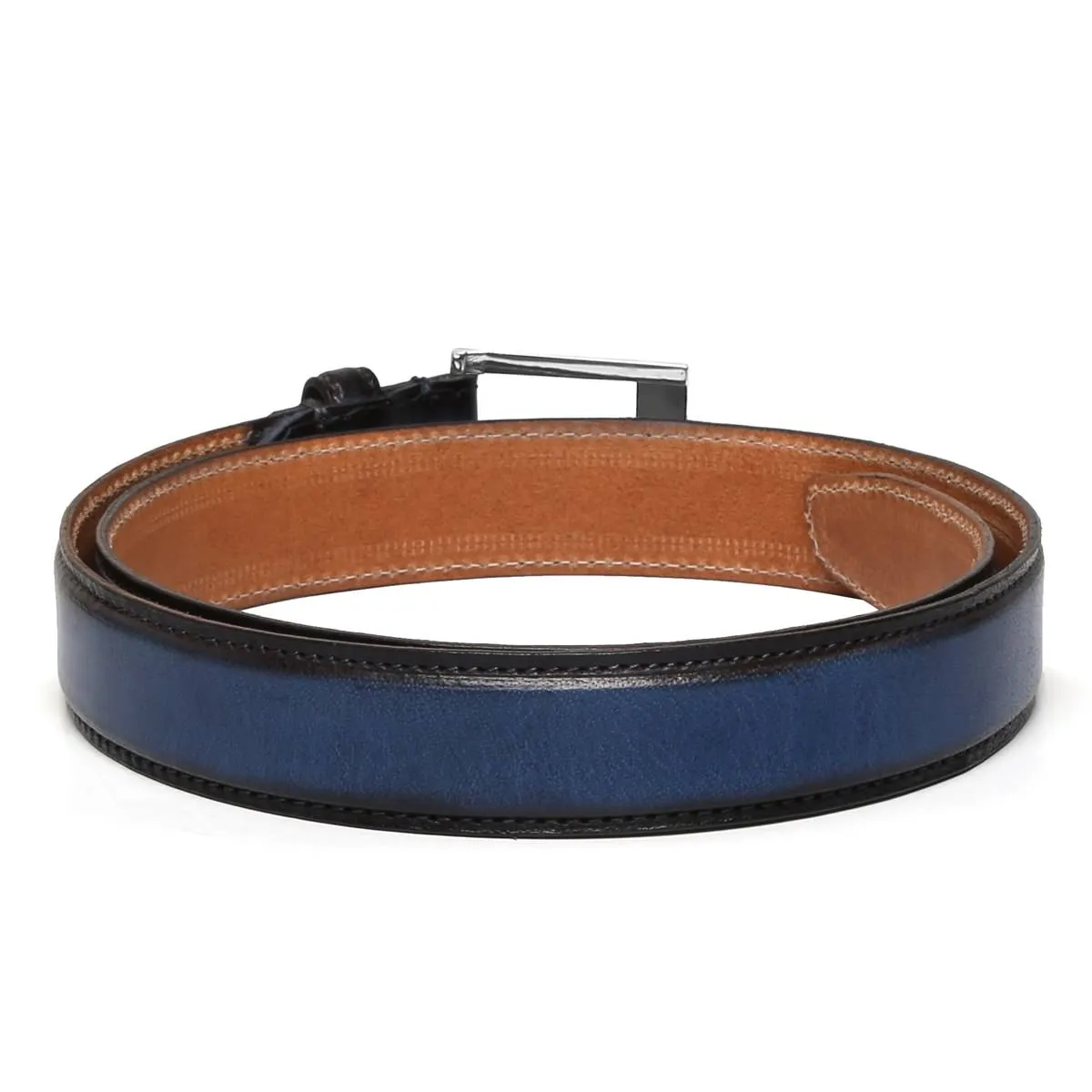 Blue With Silver Square Buckle Hand Painted Leather Formal Belt For Men
