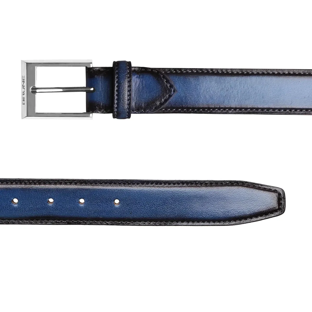 Blue With Silver Square Buckle Hand Painted Leather Formal Belt For Men