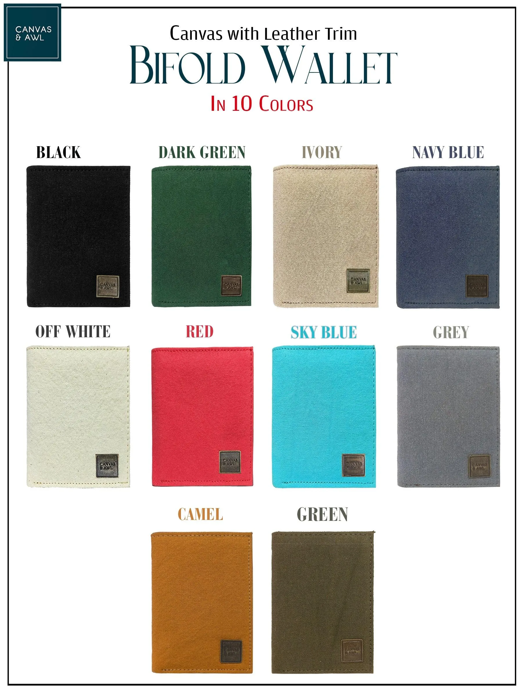 CANVAS & AWL Canvas with Leather Trim Slim Bifold RFID Blocking Mens Wallet (Dark Green)