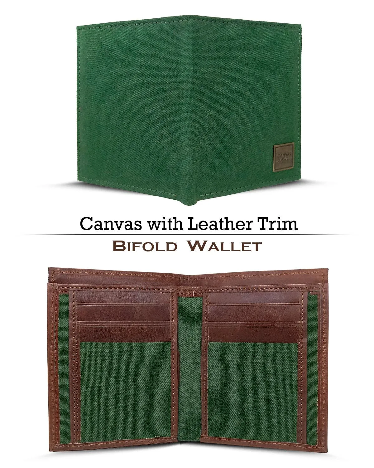 CANVAS & AWL Canvas with Leather Trim Slim Bifold RFID Blocking Mens Wallet (Dark Green)