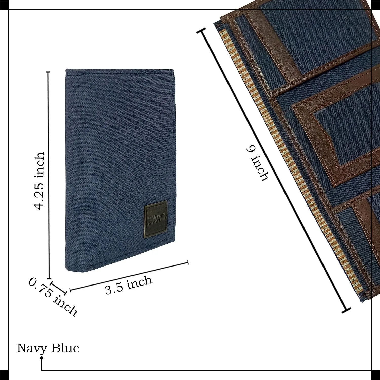 CANVAS & AWL Canvas with Leather Trim Slim Trifold RFID Blocking Mens Wallet (Navy Blue)