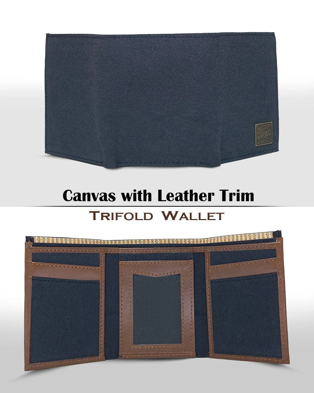 CANVAS & AWL Canvas with Leather Trim Slim Trifold RFID Blocking Mens Wallet (Navy Blue)