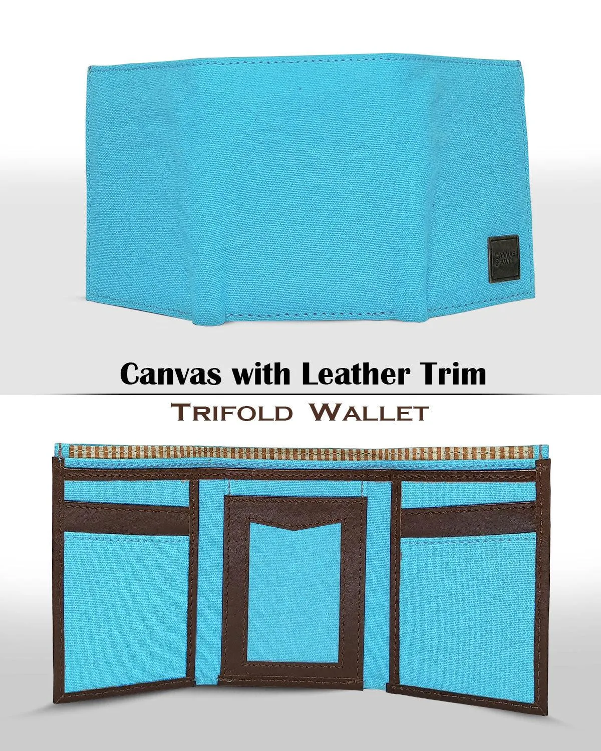 CANVAS & AWL Canvas with Leather Trim Slim Trifold RFID Blocking Mens Wallet (Sky Blue)