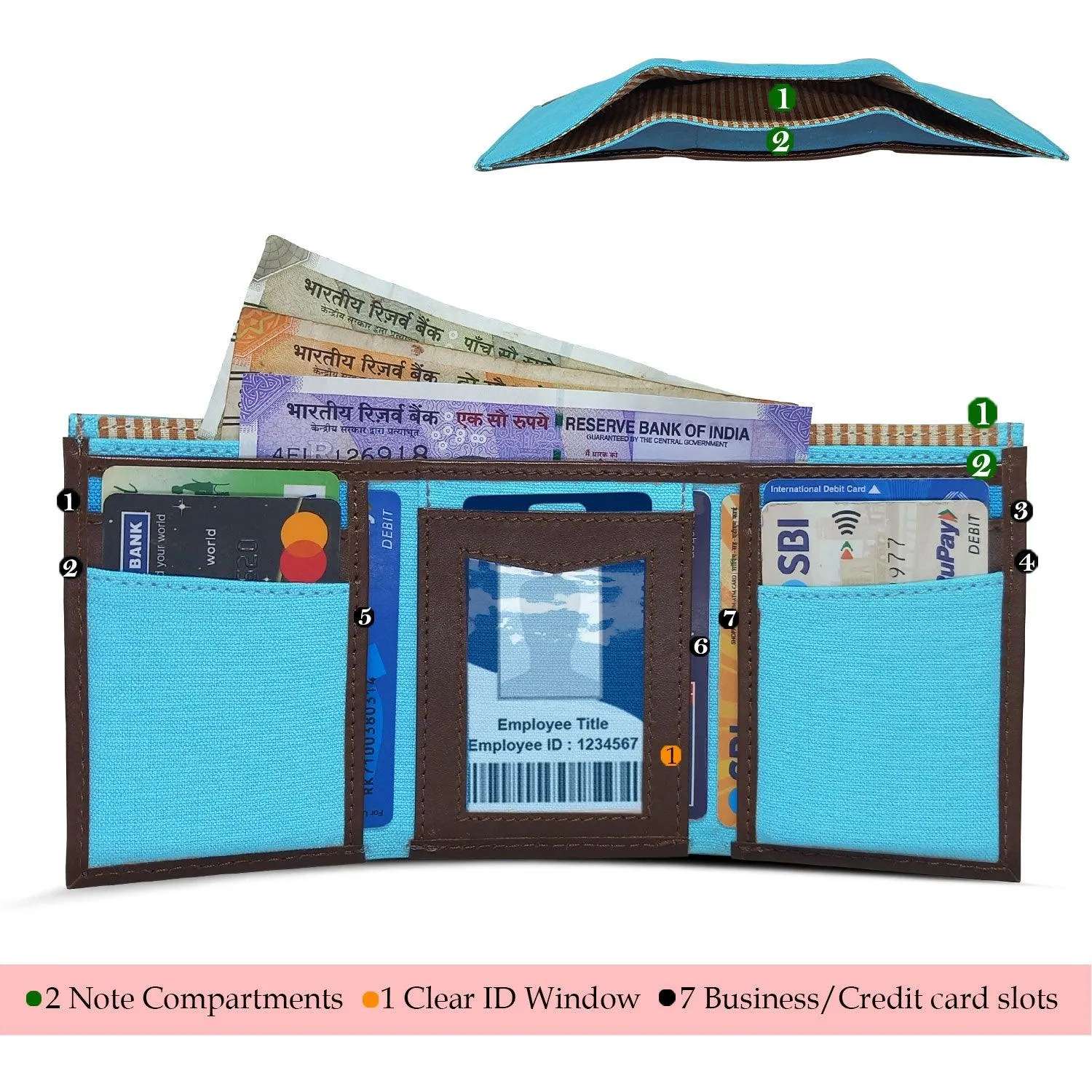 CANVAS & AWL Canvas with Leather Trim Slim Trifold RFID Blocking Mens Wallet (Sky Blue)