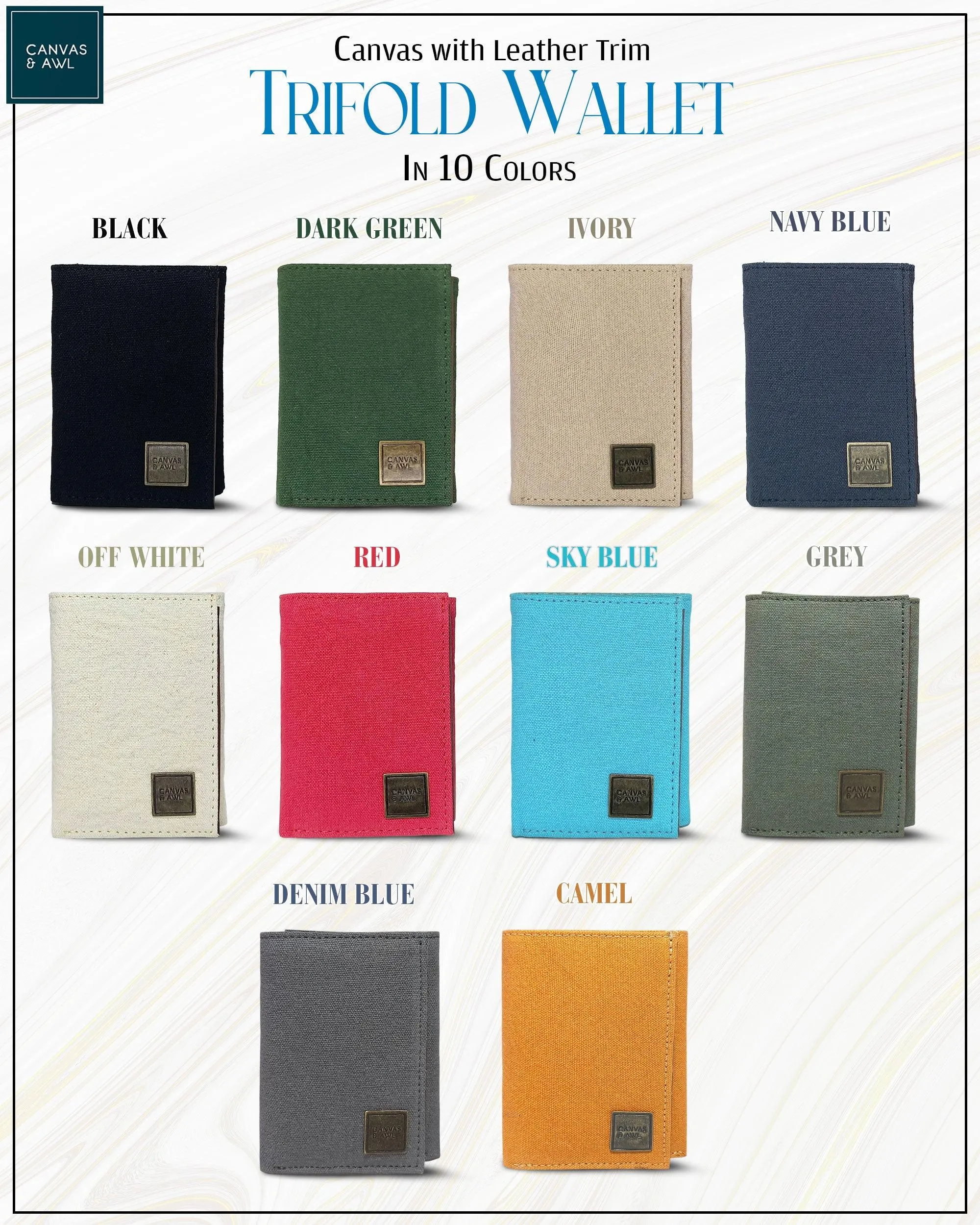 CANVAS & AWL Canvas with Leather Trim Slim Trifold RFID Blocking Mens Wallet (Sky Blue)
