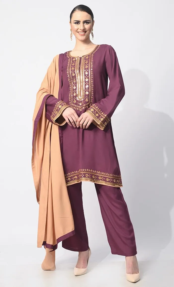 Charm & Elegance: Embellished Wine Salwar Kameez with Dupatta 3Pc Set - Final Sale