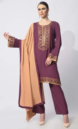 Charm & Elegance: Embellished Wine Salwar Kameez with Dupatta 3Pc Set - Final Sale