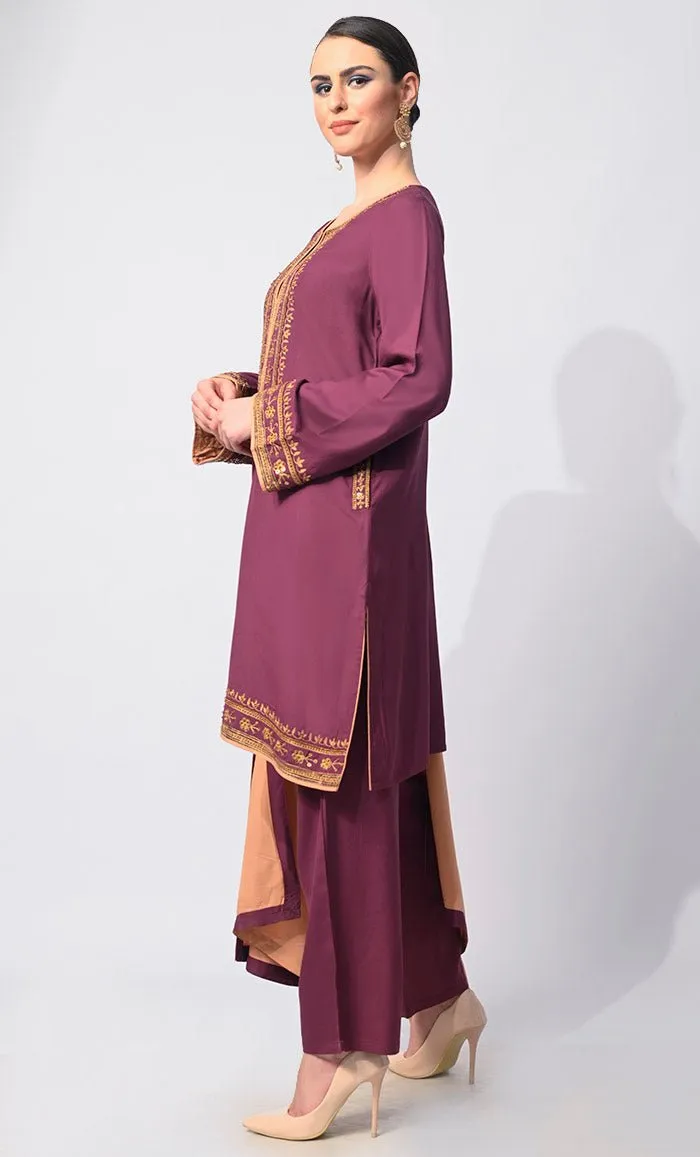 Charm & Elegance: Embellished Wine Salwar Kameez with Dupatta 3Pc Set - Final Sale