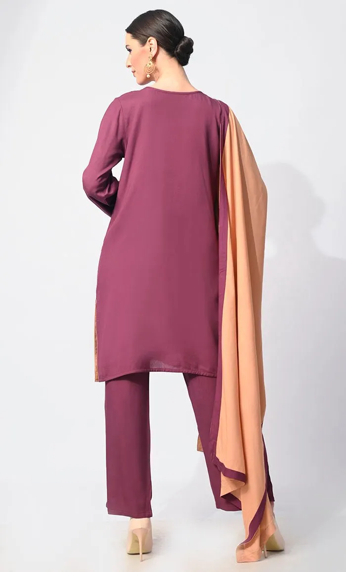 Charm & Elegance: Embellished Wine Salwar Kameez with Dupatta 3Pc Set - Final Sale