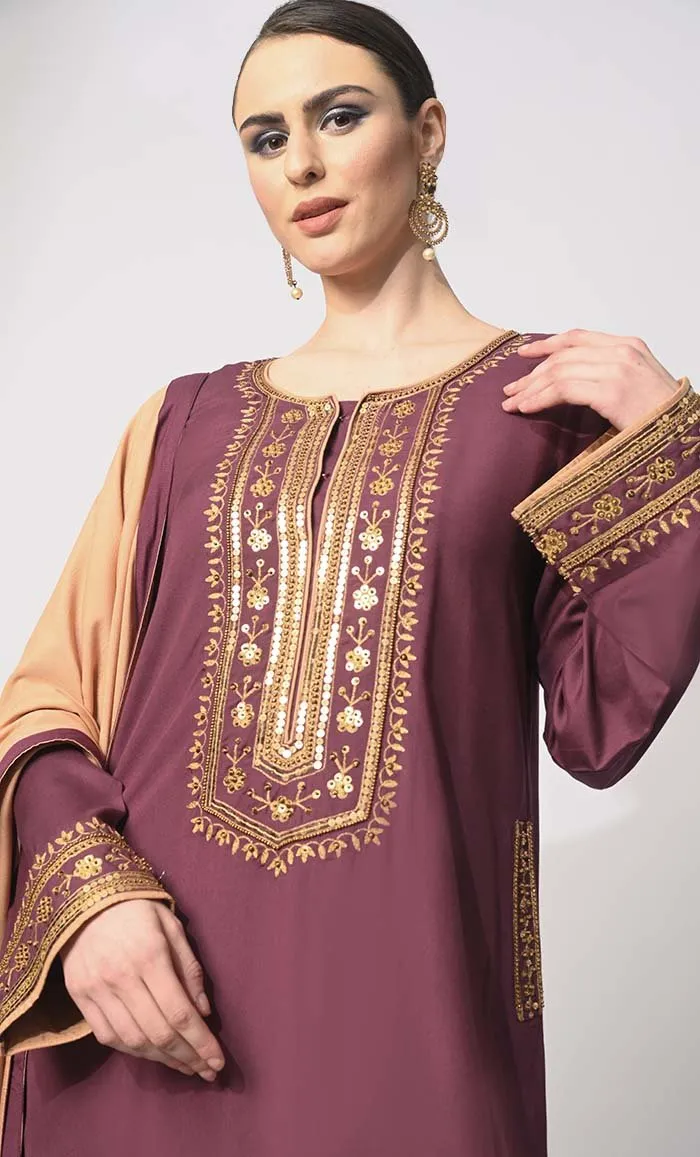 Charm & Elegance: Embellished Wine Salwar Kameez with Dupatta 3Pc Set - Final Sale