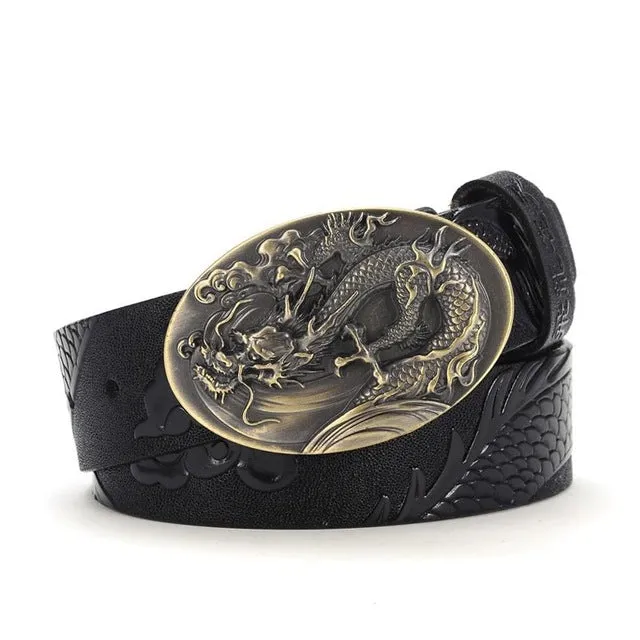 Chinese Dragon Style 2018 Men's Luxury Quality Cowskin Leather Belts Fashion Male Embossed Animal Pattern Gift Waistbands SY1328