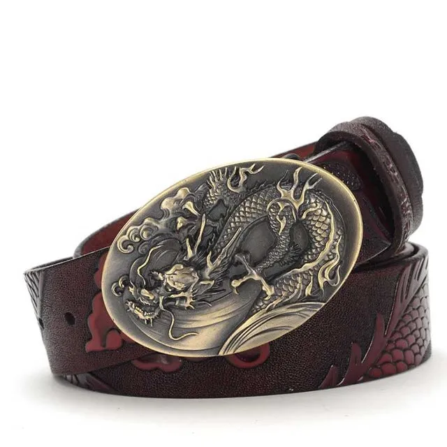 Chinese Dragon Style 2018 Men's Luxury Quality Cowskin Leather Belts Fashion Male Embossed Animal Pattern Gift Waistbands SY1328