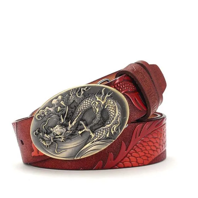 Chinese Dragon Style 2018 Men's Luxury Quality Cowskin Leather Belts Fashion Male Embossed Animal Pattern Gift Waistbands SY1328
