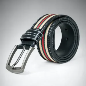 Chokore Adjustable Stripe Canvas Design Leather Belt (Black)