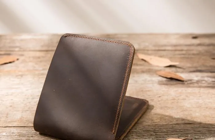 Coffee Cool Leather Mens Small Wallet Bifold Vintage Slim billfold Wallet for Men