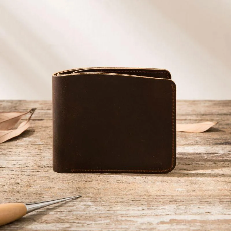 Coffee Cool Leather Mens Small Wallet Bifold Vintage Slim billfold Wallet for Men