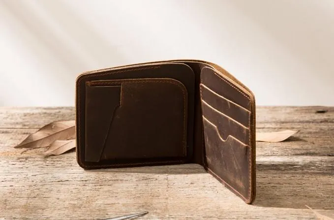 Coffee Cool Leather Mens Small Wallet Bifold Vintage Slim billfold Wallet for Men