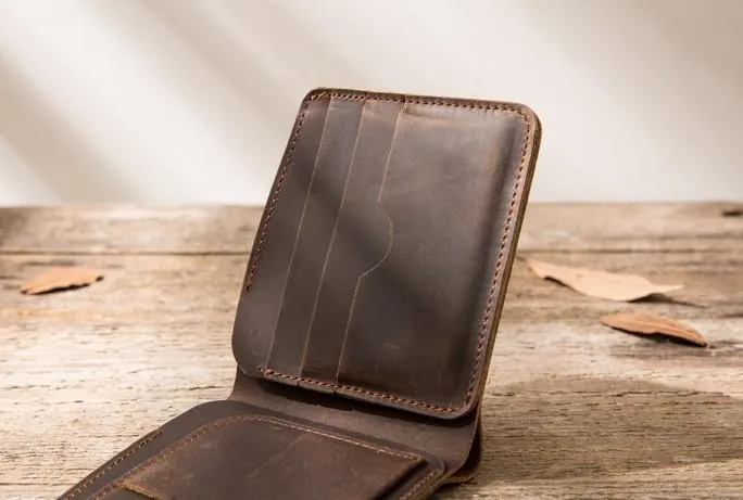 Coffee Cool Leather Mens Small Wallet Bifold Vintage Slim billfold Wallet for Men