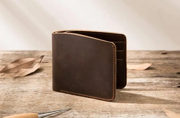 Coffee Cool Leather Mens Small Wallet Bifold Vintage Slim billfold Wallet for Men