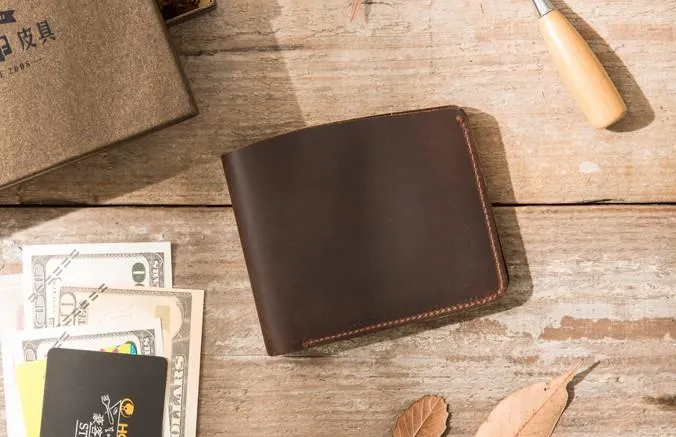 Coffee Cool Leather Mens Small Wallet Bifold Vintage Slim billfold Wallet for Men