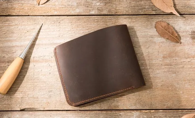 Coffee Cool Leather Mens Small Wallet Bifold Vintage Slim billfold Wallet for Men