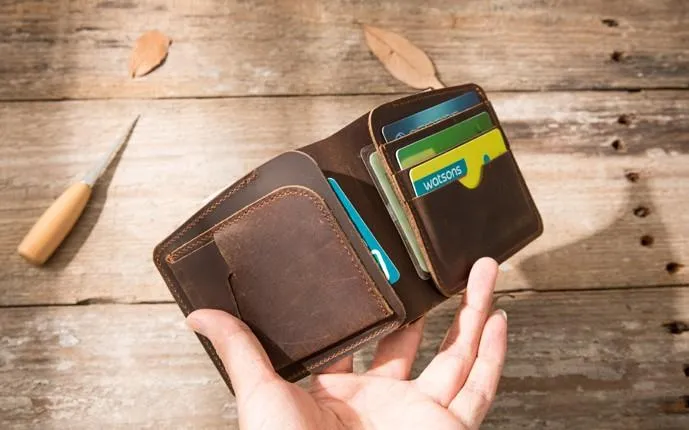 Coffee Cool Leather Mens Small Wallet Bifold Vintage Slim billfold Wallet for Men