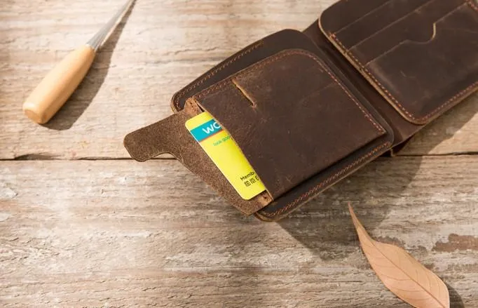 Coffee Cool Leather Mens Small Wallet Bifold Vintage Slim billfold Wallet for Men