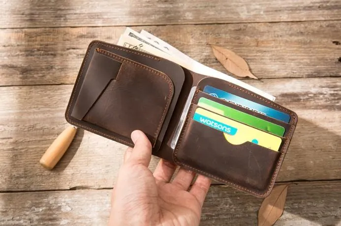 Coffee Cool Leather Mens Small Wallet Bifold Vintage Slim billfold Wallet for Men