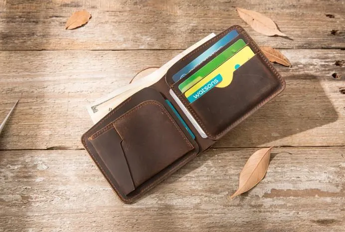 Coffee Cool Leather Mens Small Wallet Bifold Vintage Slim billfold Wallet for Men