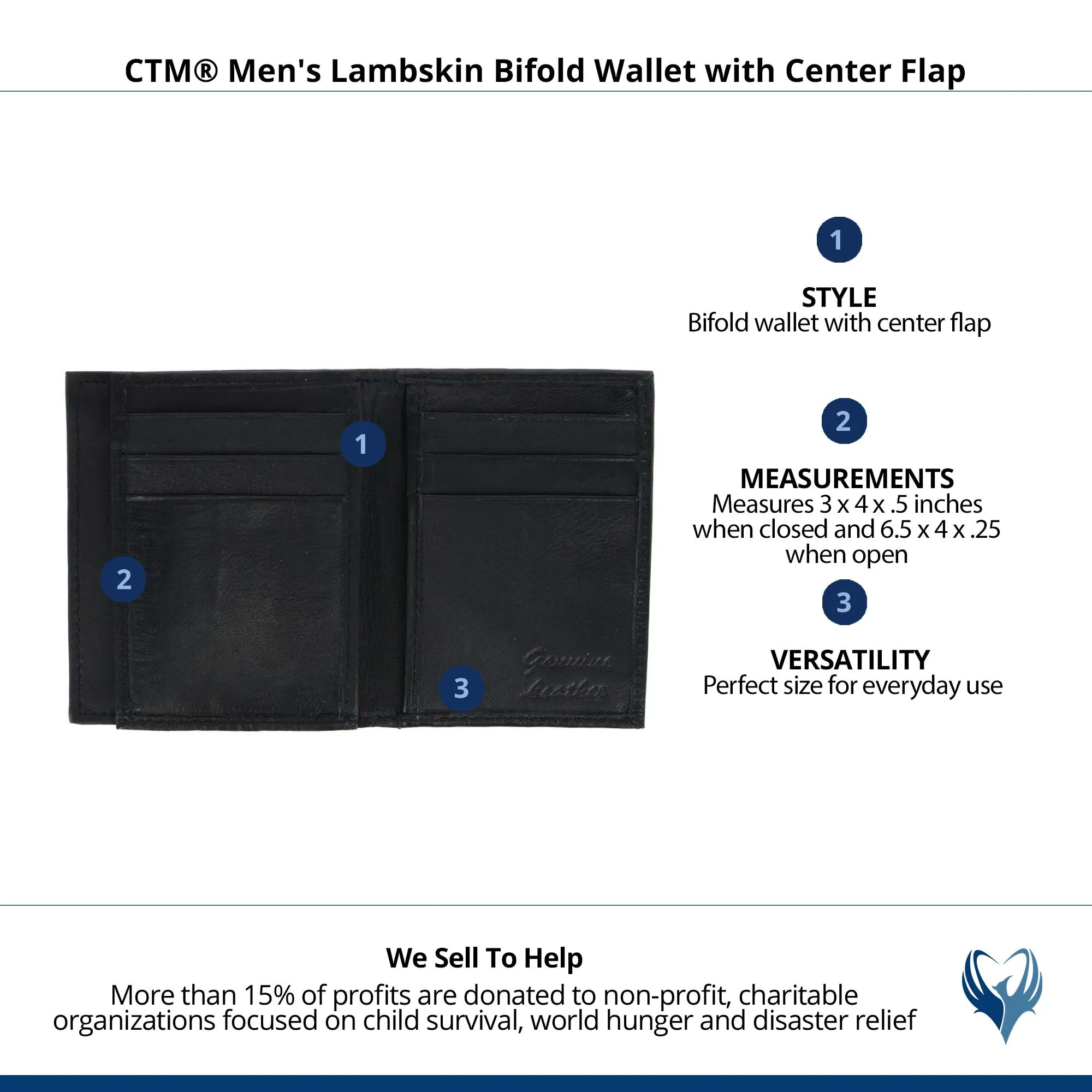 CTM® Men's Lambskin Bifold Wallet with Center Flap