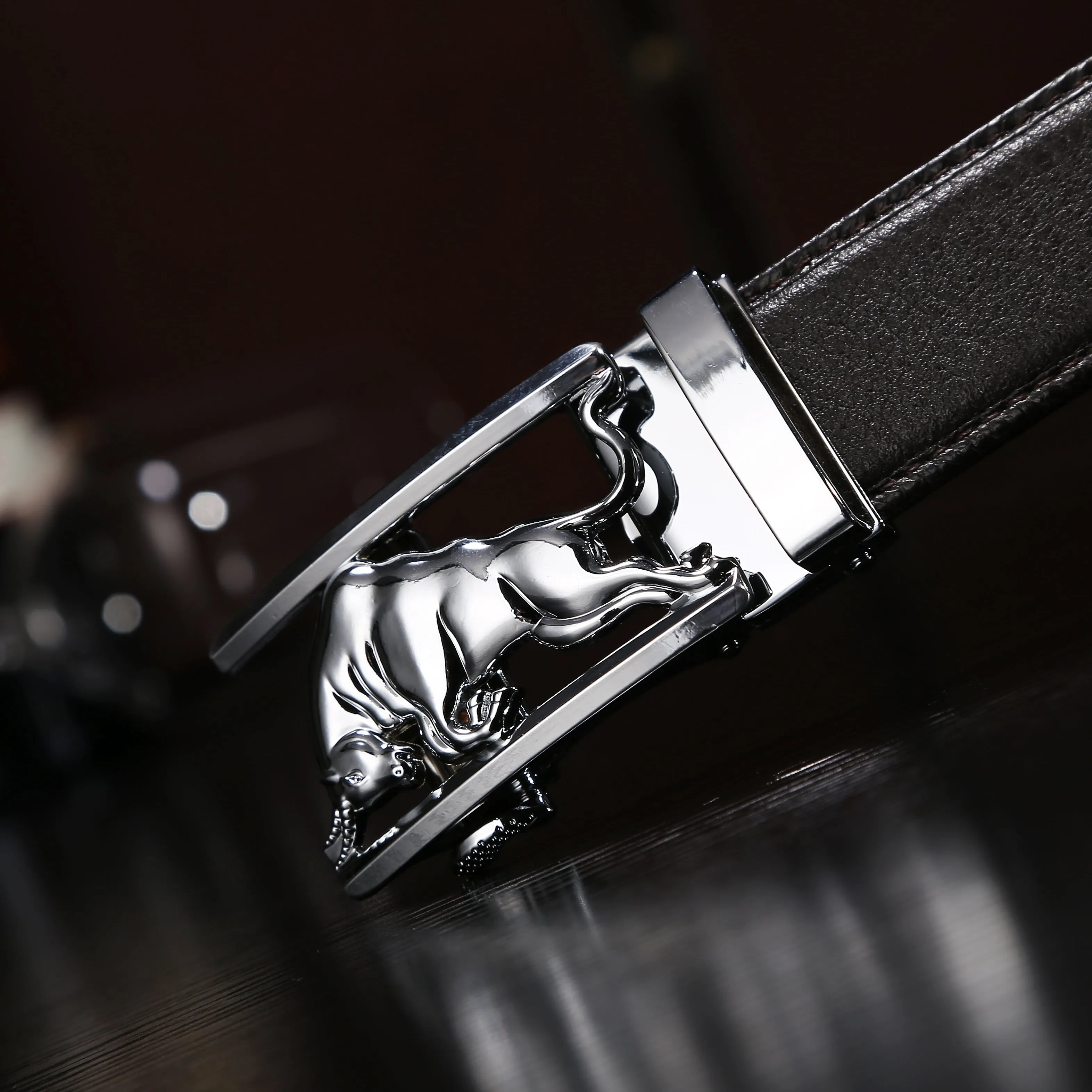 EZ Click Men's Leather Belt with Silver Bull Buckle