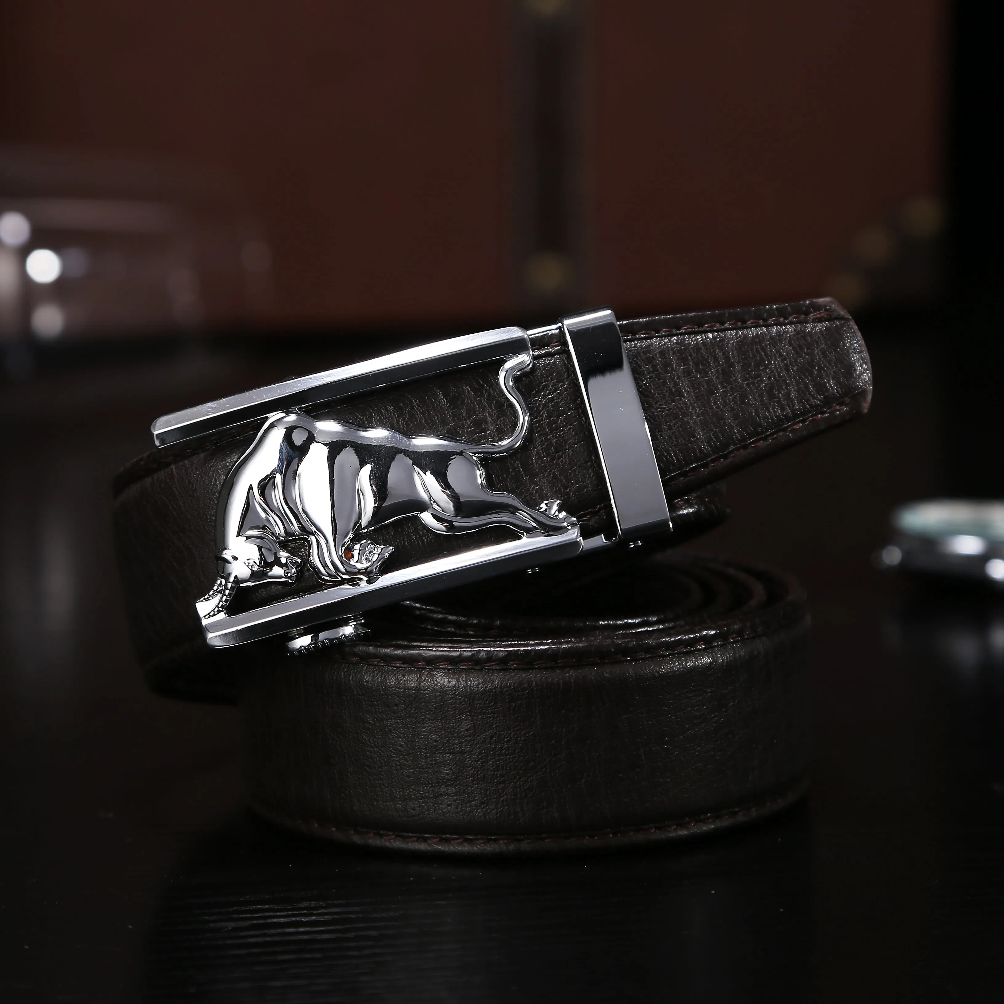 EZ Click Men's Leather Belt with Silver Bull Buckle