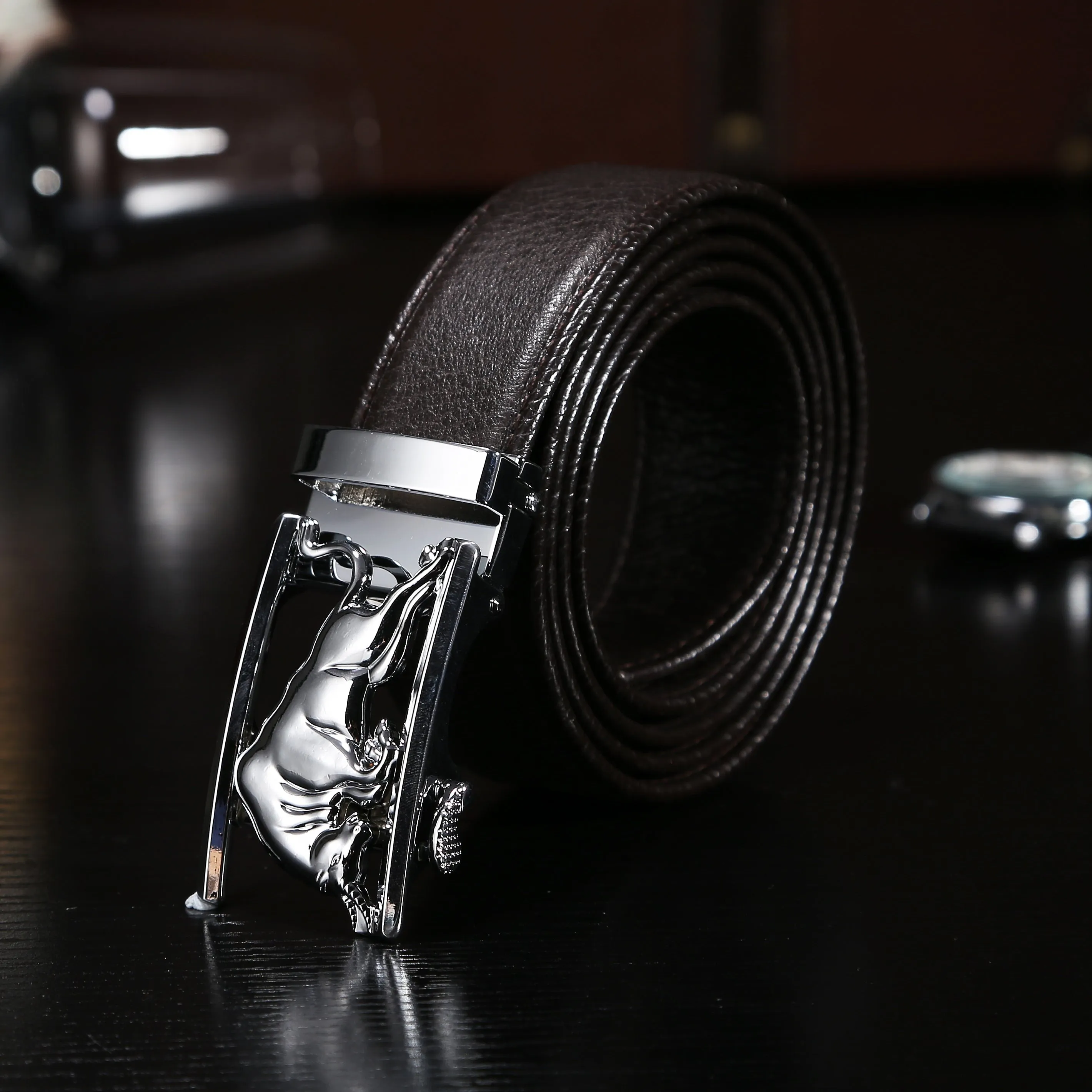EZ Click Men's Leather Belt with Silver Bull Buckle