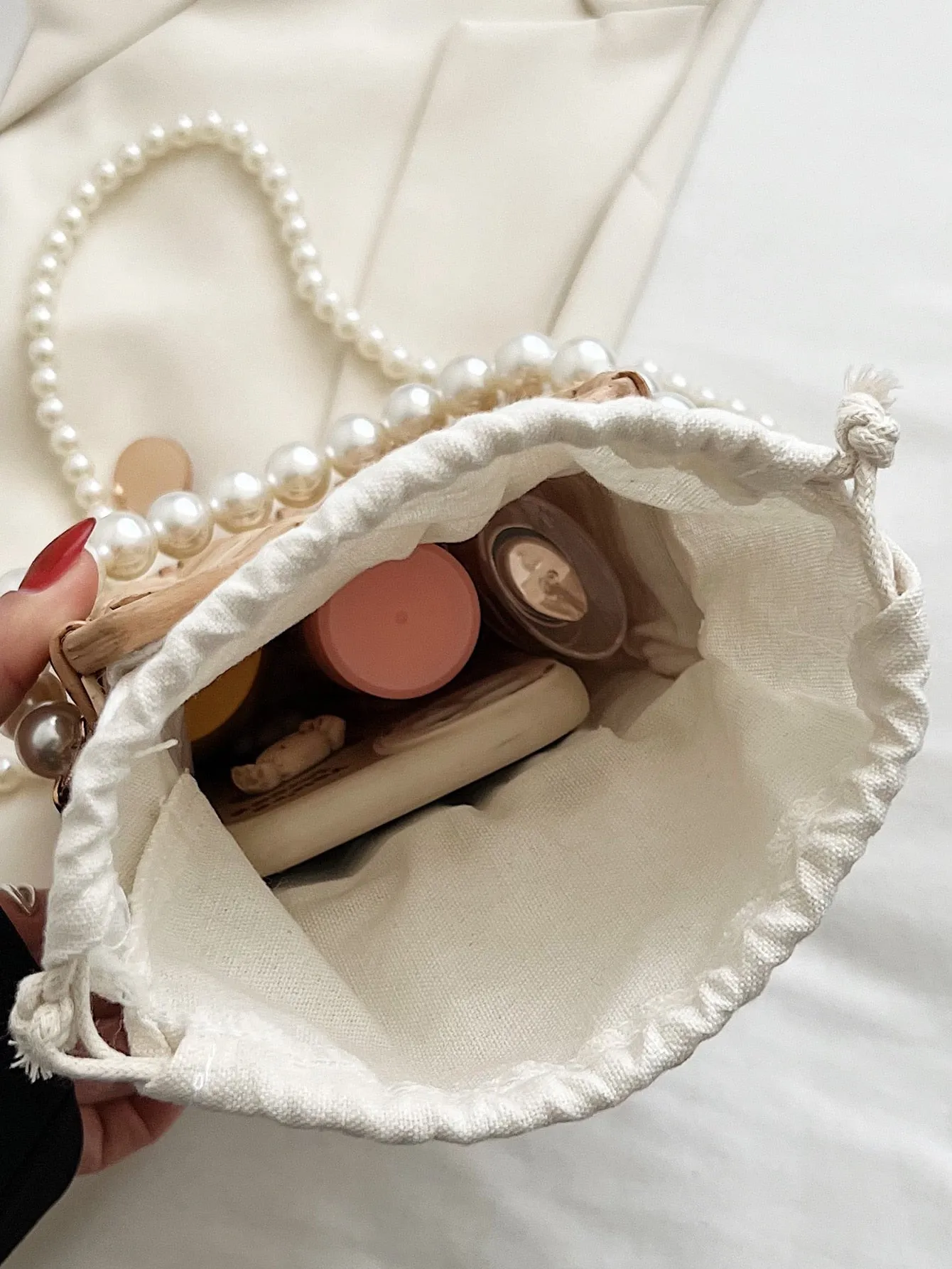 Faux Pearl  CROSSBODY Straw Bag