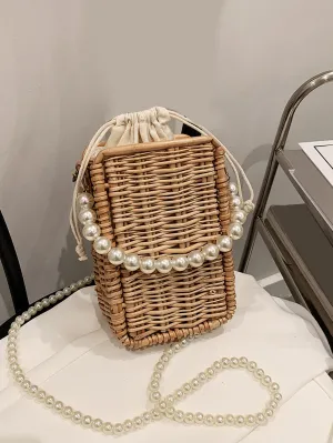 Faux Pearl  CROSSBODY Straw Bag