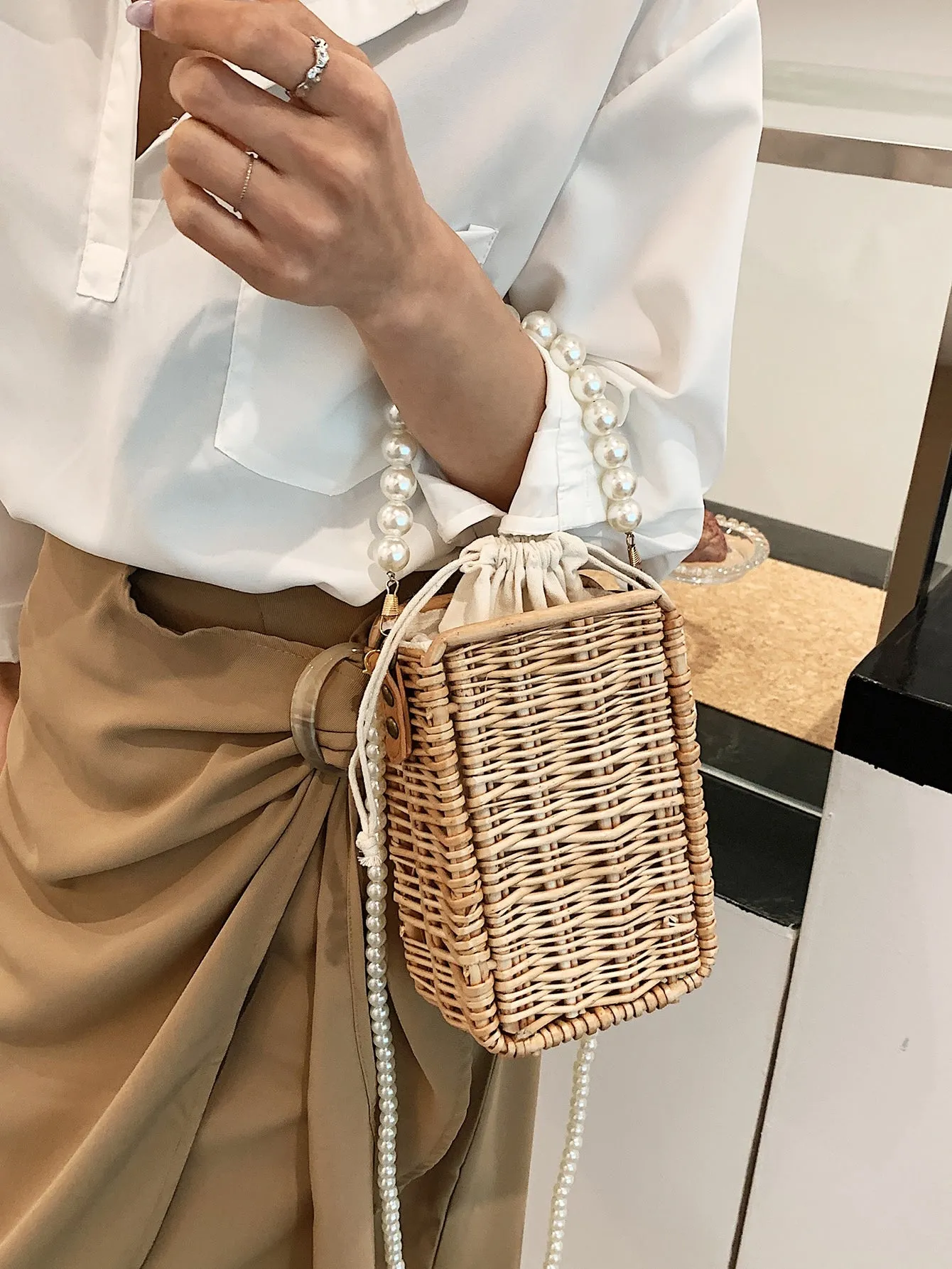 Faux Pearl  CROSSBODY Straw Bag