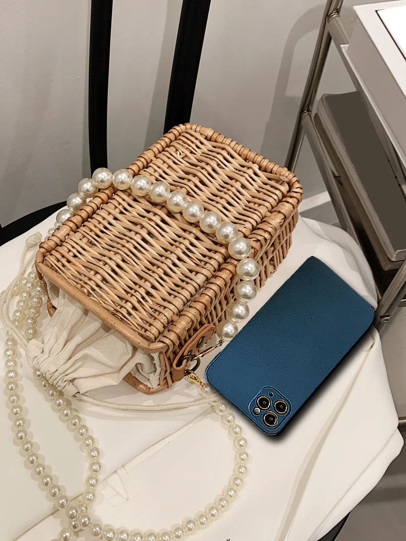 Faux Pearl  CROSSBODY Straw Bag