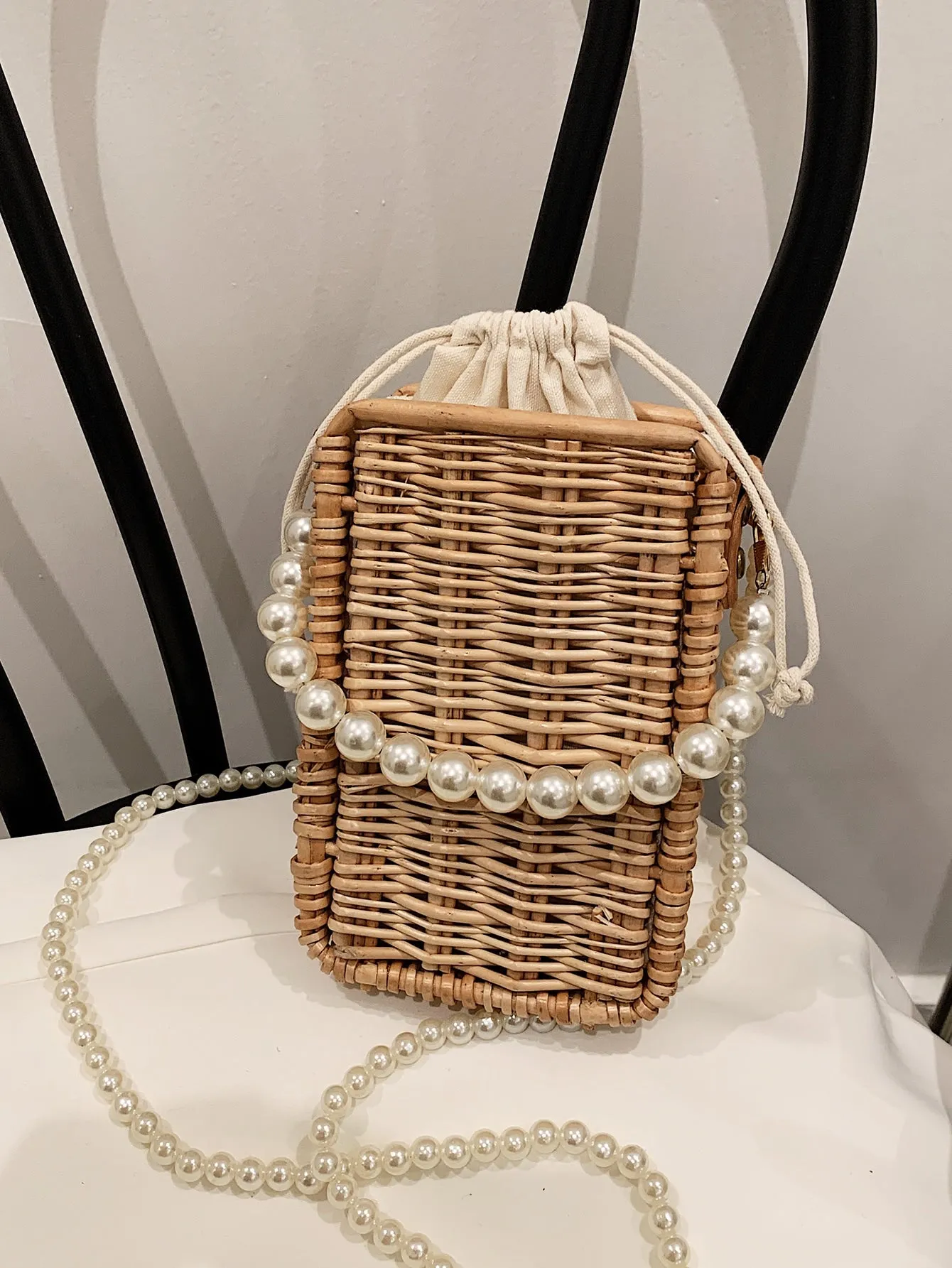 Faux Pearl  CROSSBODY Straw Bag