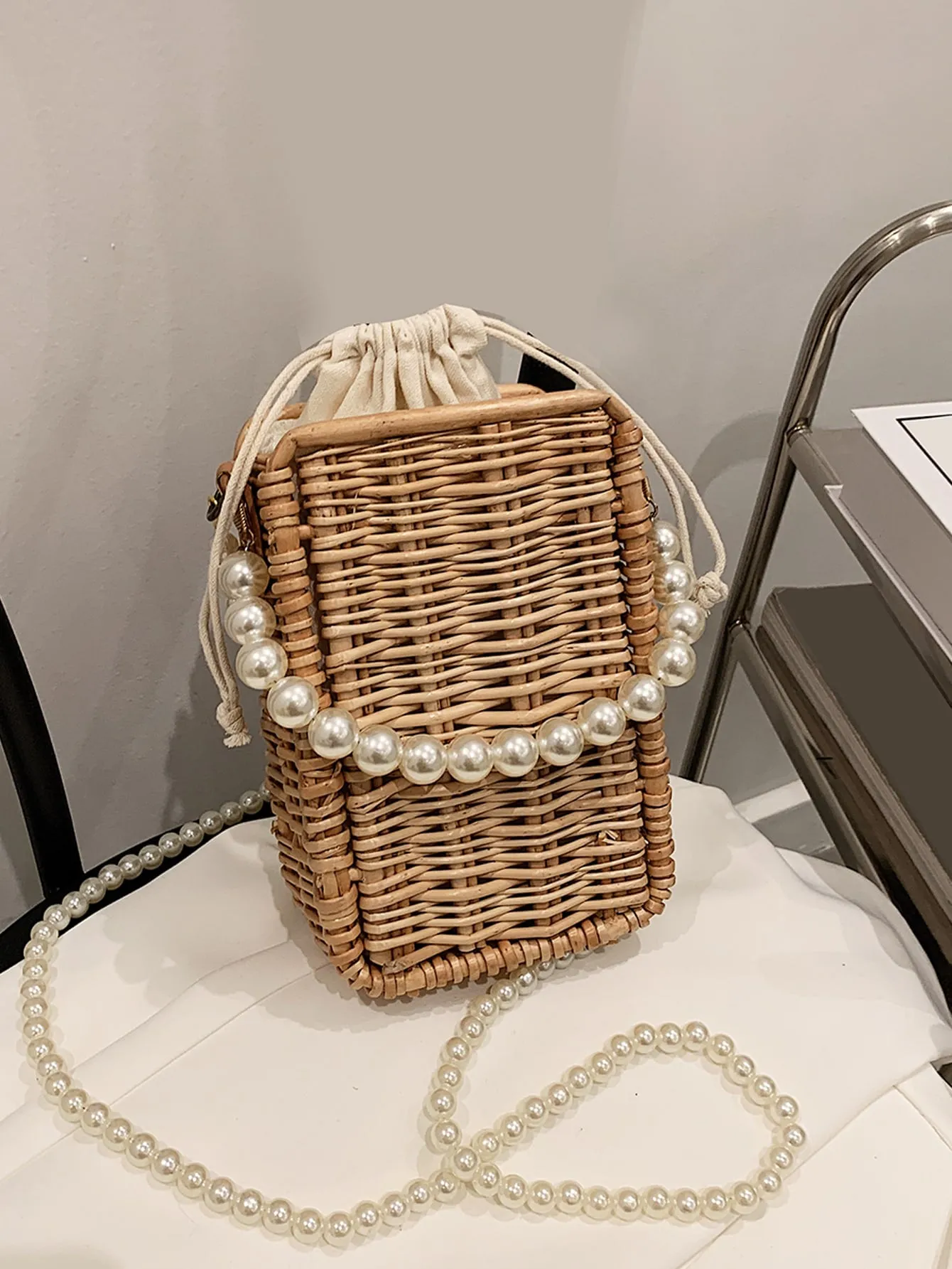 Faux Pearl  CROSSBODY Straw Bag